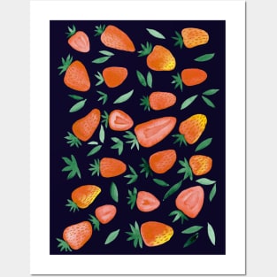 Watercolors strawberries - orange on dark background Posters and Art